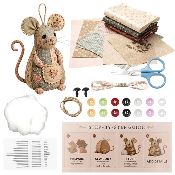 Patchwork Mouse DIY Kit Handmade Sewing Craft Set Cute Mouse Ornament DIY Kit with Floral Fabric Stuffing Button for Adult Beginner Present for Holiday