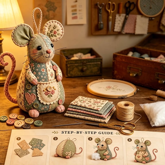 Patchwork Mouse DIY Kit, Handmade Sewing Craft Set,Cute Mouse Ornament DIY Kit,with Floral Fabric, Stuffing, Buttons, for Adults, Beginners,Gift for Birthdays, Holidays