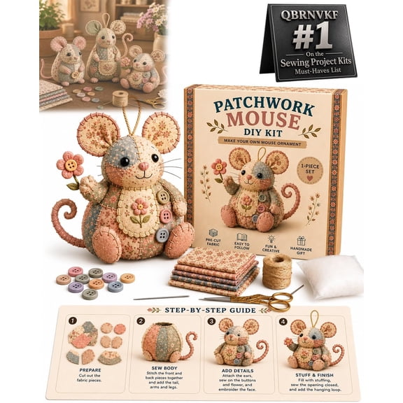 Patchwork Mouse DIY Kit Handmade Sewing Craft Set with Floral Fabric Pattern & Instructions Complete Felt Stuffed Animal Creative Beginner-Friendly Hobby Project for Home Decor Gift Making(#C)