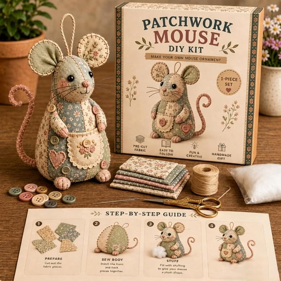 Patchwork Mouse DIY Kit, Handmade Sewing Craft Set with Floral Fabric, Stuffing, Buttons, Cute Mouse Ornament DIY Kit for Adults, Beginners, Gift for Birthdays, Holidays,C