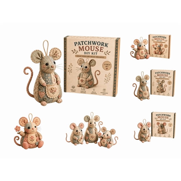 Patchwork Mouse DIY Kit Handmade Sewing Craft Set with Floral Fabric Pattern & Instructions Complete Felt Stuffed Animal Creative Beginner-Friendly Hobby Project for Home Decor Gift Making C