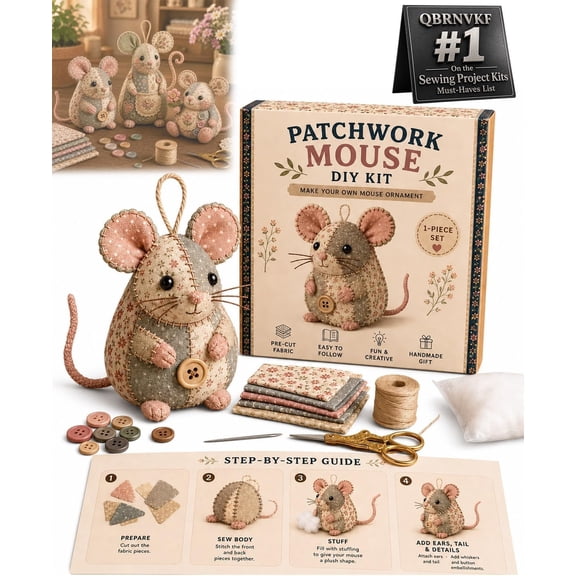 Patchwork Mouse DIY Kit Handmade Sewing Craft Set with Floral Fabric Pattern & Instructions Complete Felt Stuffed Animal Creative Beginner-Friendly Hobby Project for Home Decor Gift Making(#A)