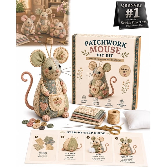 Patchwork Mouse DIY Kit Handmade Sewing Craft Set with Floral Fabric Pattern & Instructions Complete Felt Stuffed Animal Creative Beginner-Friendly Hobby Project for Home Decor Gift Making(#B)