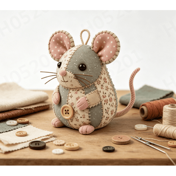 Patchwork Mouse DIY Kit, Handmade Sewing Craft Set with Floral Fabric, Stuffing, Buttons, Cute Mouse Ornament DIY Kit for Adults, Beginners, Gift for Birthdays, Holidays