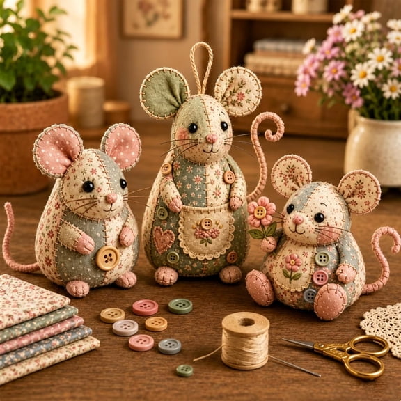 Patchwork Mouse DIY Kit, Handmade Sewing Craft Set with Floral Fabric, Stuffing, Buttons, Cute Mouse Ornament DIY Kit for Adults, Beginners, Gift for Birthdays, Holidays 