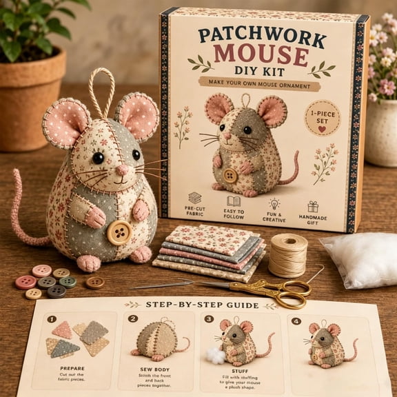 Patchwork Mouse DIY Kit, Handmade Sewing Craft Set with Floral Fabric, Stuffing, Buttons, Cute Mouse Ornament DIY Kit for Adults, Beginners, Gift for Birthdays, Holidays 