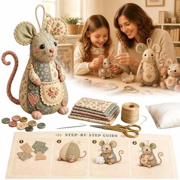 Patchwork Mouse DIY Kit - Handmade Sewing Craft Set with Floral Fabric, DIY Patchwork Animal Kit (#A)