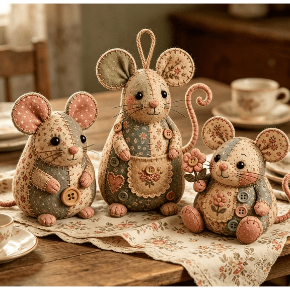 Patchwork Mouse DIY Kit, Handmade Sewing Craft Set with Floral Fabric, Stuffing, Buttons, Cute Mouse Ornament DIY Kit for Adults B