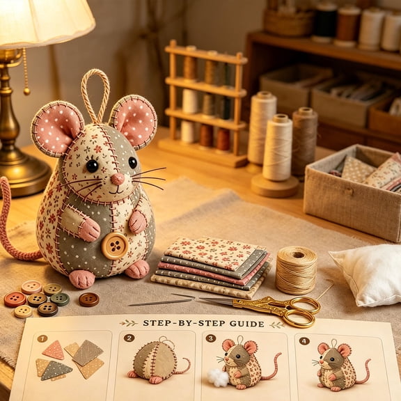 Patchwork Mouse DIY Kit Handmade Sewing Set with Floral Fabric, Stuffing, and Buttons – Cute Ornament Craft for Adults and Beginners, Relaxing Gift for Birthdays and Holidays