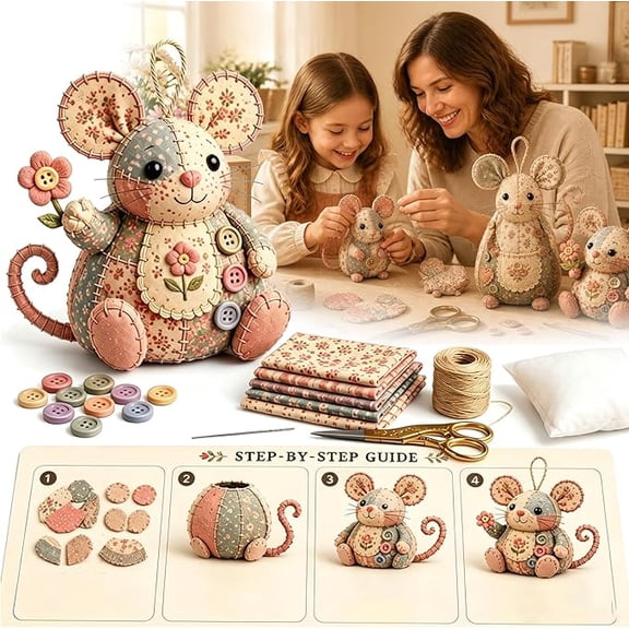 Patchwork Mouse DIY Kit Sewing Craft Set with Pattern & Instructions,3D Cute Felt Mouse Patchwork Animal Kit,Handmade Mouse Sewing Project Kit,Relaxing Gift for Beginner