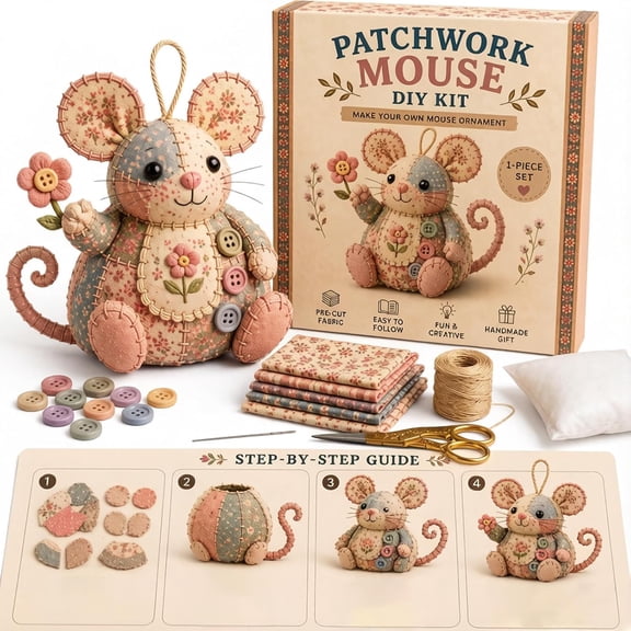 Patchwork Mouse DIY Kit, Vintage Patchwork Fabric Mouse Ornament Kit, All-Inclusive Sewing Set, Beginner Friendly, Charming Home Decor Accent B