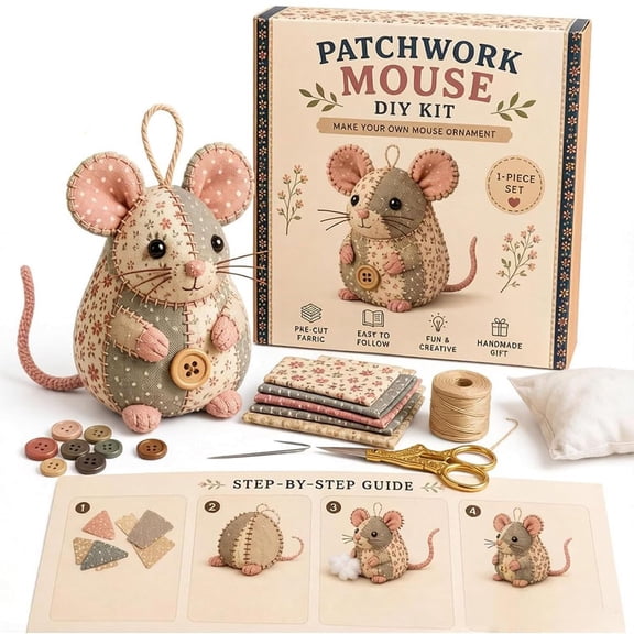 Patchwork Mouse DIY Sewing Kit, Floral Fabric Patchwork Mouse DIY Kit, Handmade Craft Set with Floral Fabric, Stuffing & Buttons Cute Stuffed Mouse Ornament for Beginners(B)