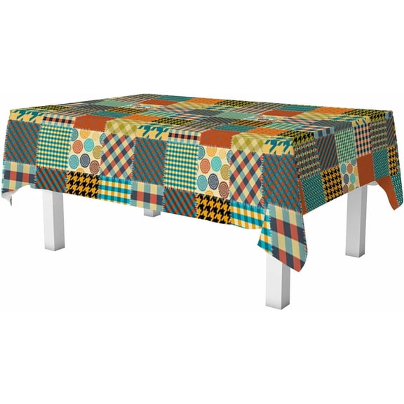 Patchwork Pattern Rectangle Table Cloth Retro Fashion Patch Block Design Wipeable Waterproof Tablecloths Table Cover for Party Picnic Dinner Indoor and Outdoor 60" X 84"