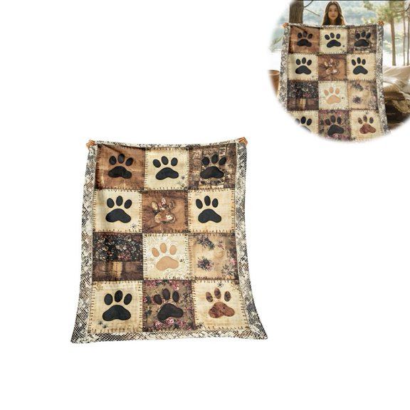 Patchwork Paw Quilt Blanket, Cute Paw Print Soft Flannel Blanket for Couch