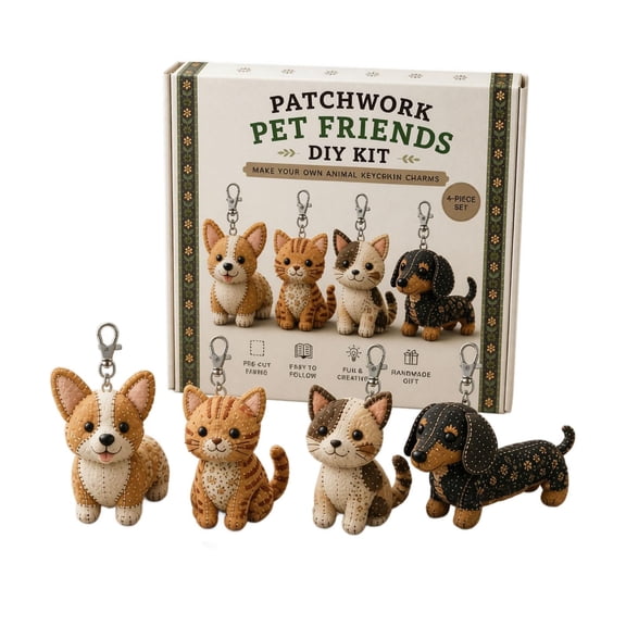 Patchwork Pet Friends Diy Kit Make Your Own Animal Keychain Charms Pre Cut Felt Craft Set Easy to Follow Handmade Sewing Package 4 Piece Animal Stuffed Ornament Kit for Adults and