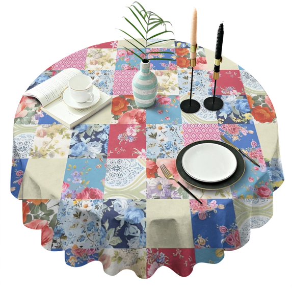 Patchwork Pioneer Flower Round Tablecloth 60"x60",Wrinkle Wipeable Table Cloth for Kitchen Dining Room Picnic Patio Party