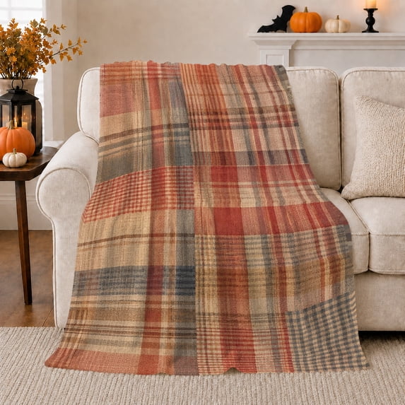 Patchwork Plaid Autumn Scene Pumpkin Bat, Festive autumn celebration Scene, Warm Flannel Blanket for Living Room and Family Room, Art Lovers autumn celebration Gift, Festive Home Decor