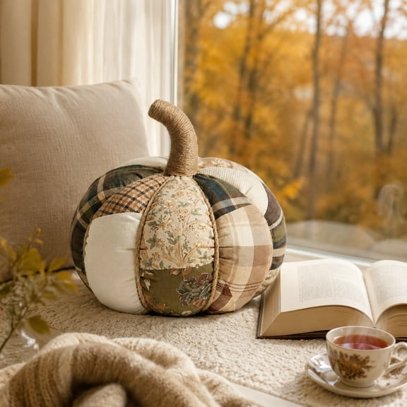 Patchwork Plaid Fabric Pumpkin Throw Pillow, Rustic Farmhouse Stuffed Pumpkin Cushion for Fall Halloween Thanksgiving Decor