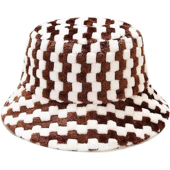 Patchwork Plaid Fluffy Bucket Hats Vintage Winter Faux Fur Fisherman Cap Warm Hat for Women Men Teens