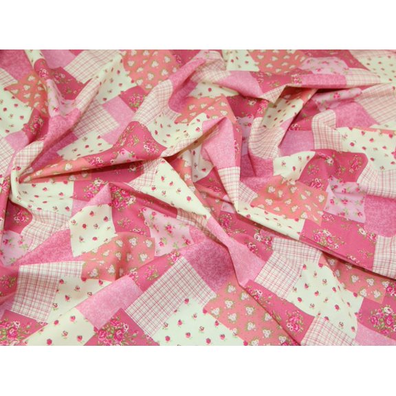 Patchwork Print Cotton Poplin Dress Fabric Pink - per yard