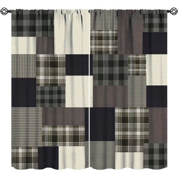 Patchwork Print Curtains, Vintage Fabric Brown Patchwork Plaid Design Blackout Rod Sleeves Window Drapes for Living Room Bedroom Farmhouse Home Decor 42"W x 108"L (Pack of 2)
