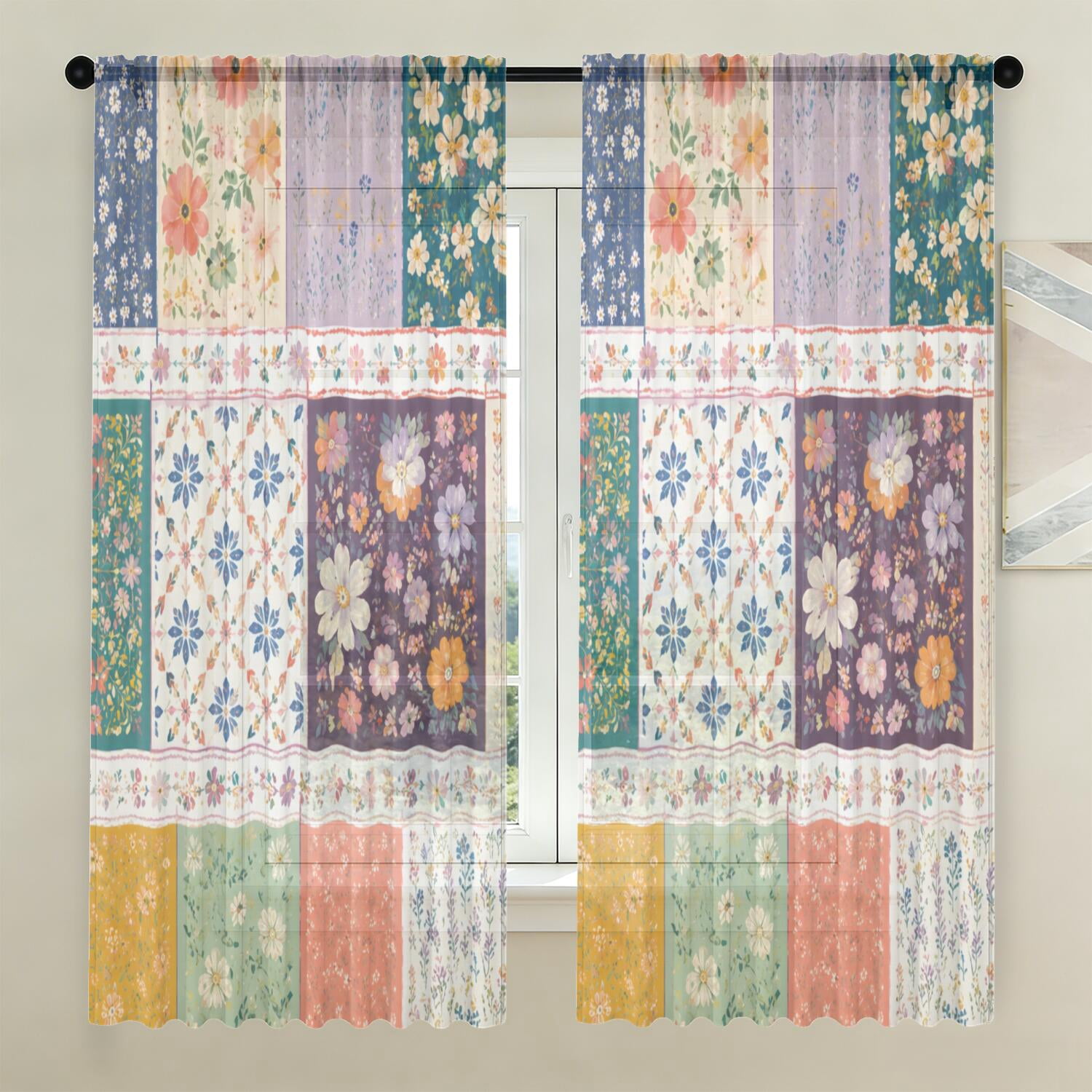 Patchwork Print Light-Filtering Curtain Panels, Rod Pocket, Dining Room ...