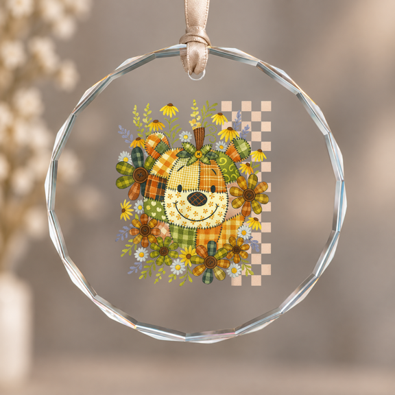 Patchwork Pumpkin Bear Floral Theme Ornament, Hanging Decor, Circle Glass Ornament