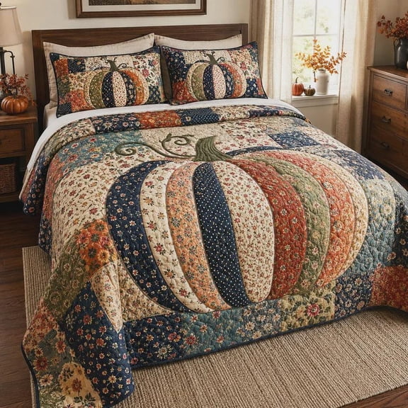 Patchwork Pumpkin Bedspread, Fall Bedding, Autumn Quilt, Farmhouse Harvest Decor, Thanksgiving Gift