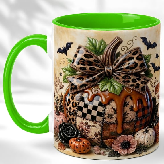 Patchwork Pumpkin Coffee Mug, Leopard Bow Mug, Ceramic 11 oz