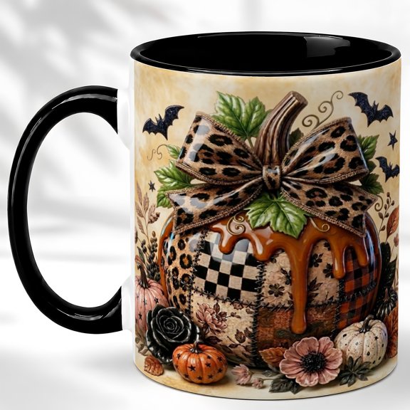Patchwork Pumpkin Coffee Mug, Leopard Bow Mug, Ceramic 11 oz