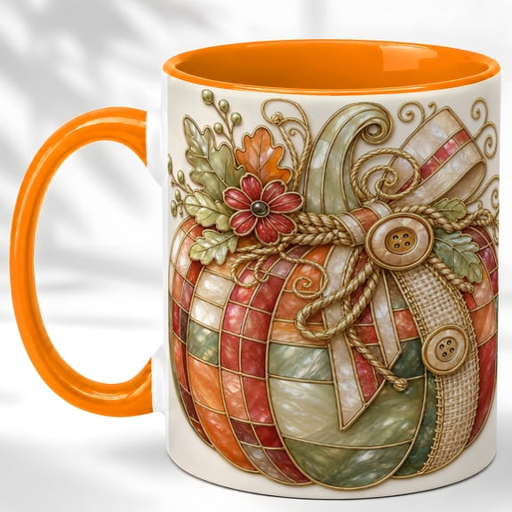 Patchwork Pumpkin Coffee Mug, Rustic Fall Mug, Ceramic 11 oz