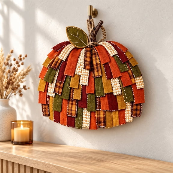 Patchwork Pumpkin Door Hanger, Wooden Rustic Fall Harvest Front Door Sign for Halloween Porch Decor