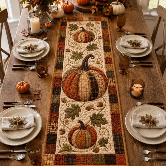 Patchwork Pumpkin Quilted Table Runner, Fall Autumn Harvest Table Scarf, Thanksgiving Button Acorn Decor, Country Farmhouse Gift