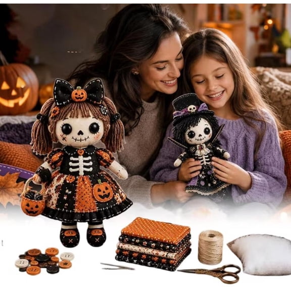 Patchwork Pumpkin Skeleton Girl DIY Kit, Beginner-Friendly Gothic Cute Handmade Doll Making Set, Great for Relaxing Spooky Crafts & Mindful Fun