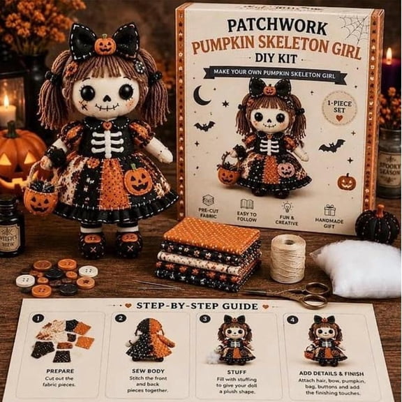 Patchwork Pumpkin Skeleton Girl DIY Kit - Complete Felt Craft Kit with Premium Materials, Perfect for First-Time Crafters Seeking Creative Autumn Activity