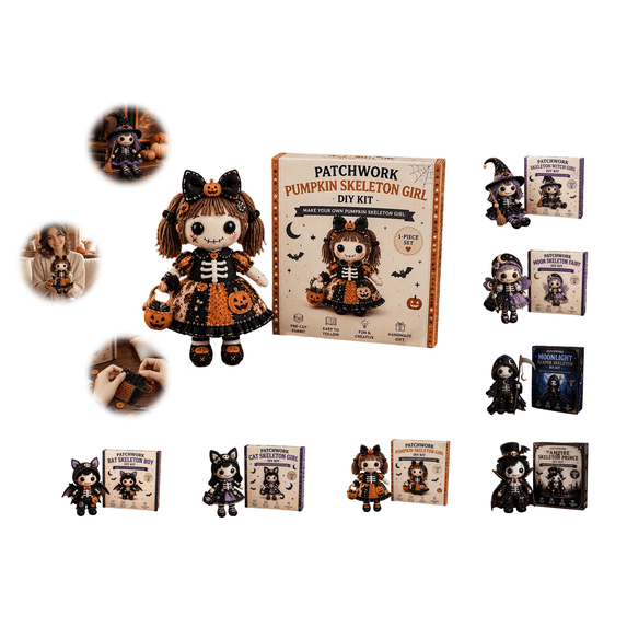 Patchwork Pumpkin Skeleton Girl DIY Kit,Halloween Sewing Craft Kit for Adults and Teens, Beginner-Friendly Gothic Cute Handmade Doll Making Set