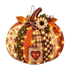 Patchwork Pumpkin Wall Hanging Decor with Warm LED Lights, Fall Farmhouse Door Hanger for Entryway Mantel, Harvest Ornament
