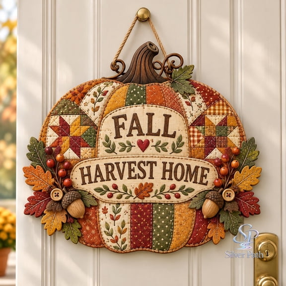 Patchwork Pumpkin Wooden Door Hanger, Rustic Fall Entryway Decor