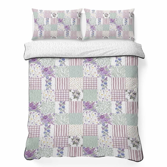Patchwork Queen Quilt Bedding Set, Rustic Purple Roses Gingham Plaid Stripe Ditsy Dots Lightweight Comforter with 2 Pillow Shams Bedroom Bedspread Set Home Decor for All Seasons