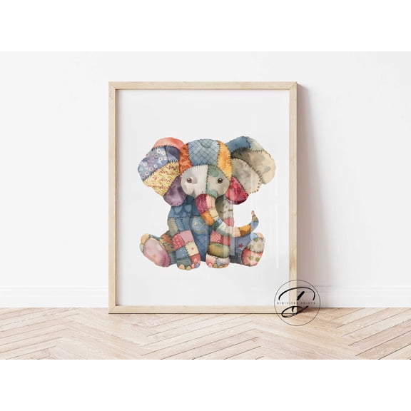 Patchwork Quilt Elephant Print, Farmhouse Nursery Decor, Nursery Wall Art, Room Decor, Baby Shower, Safari Animal Print, Home Decor #167, Stretched Canvas Size 8x12