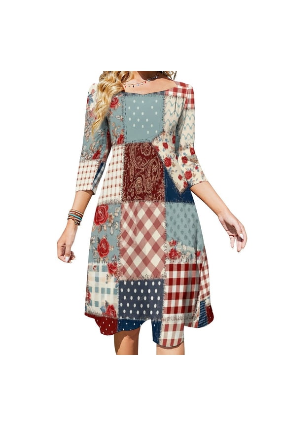 Patchwork Quilt Pattern-1 Flare Dress Square Neck Dress Elegant Female Fashion Printed Dress