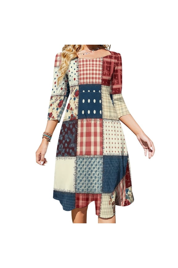 Patchwork Quilt Pattern-2 Flare Dress Square Neck Dress Elegant Female Fashion Printed Dress