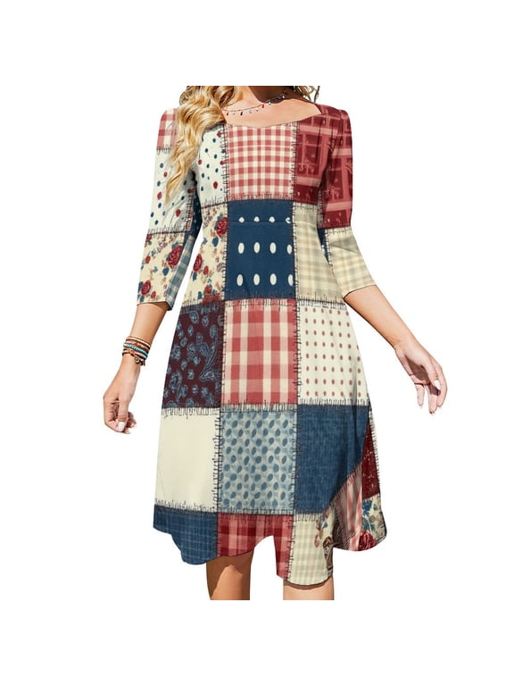 Patchwork Quilt Pattern-2 Flare Dress Square Neck Dress Elegant Female Fashion Printed Dress