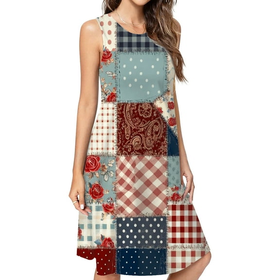 Patchwork Quilt Pattern Dress Elegant Party Dresses Evening Dresses Women Dress Sleeveless Dress Ladies Dresses