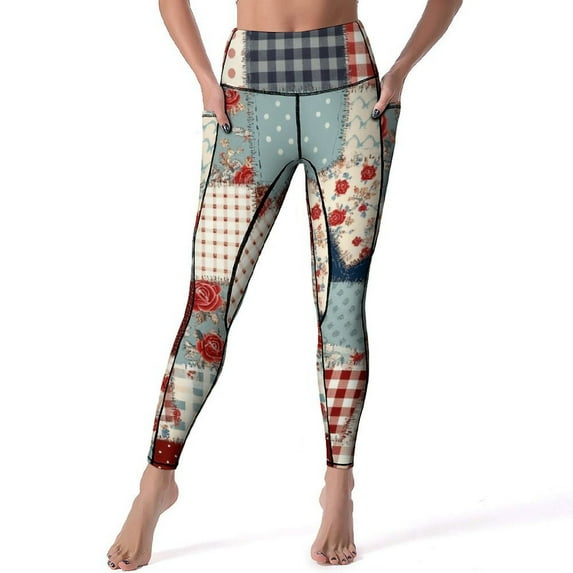 Patchwork Quilt Pattern Leggings Fitness Gym Yoga Pants High Waist Stretch Sports Tights Leggins