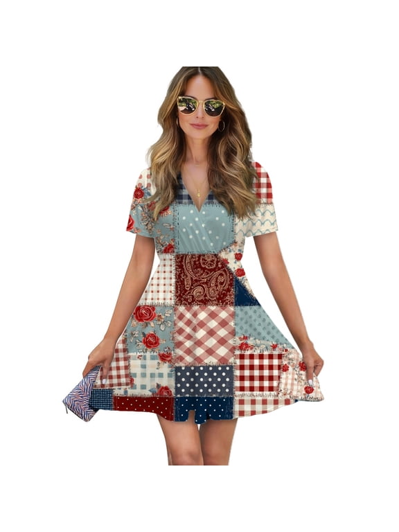 Patchwork Quilt Pattern Women Dress V-Neck Short Sleeve Flowy Swing Party Midi Dress