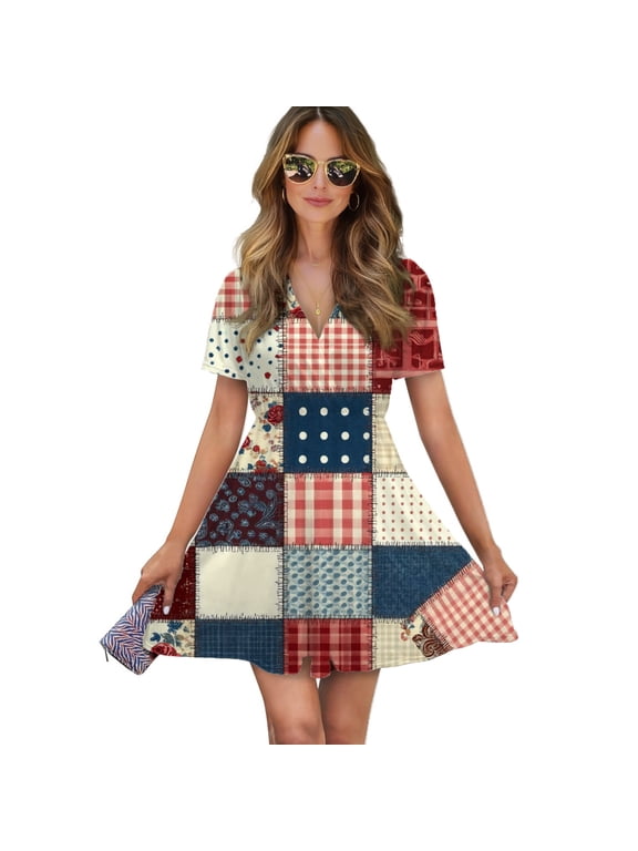 Patchwork Quilt Pattern Women Dress V-Neck Short Sleeve Flowy Swing Party Midi Dress