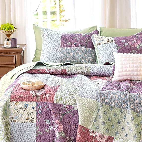 Floral Pattern C Patchwork Quilt Set, Boho Floral Country Farmhouse Cottage Vintage ...