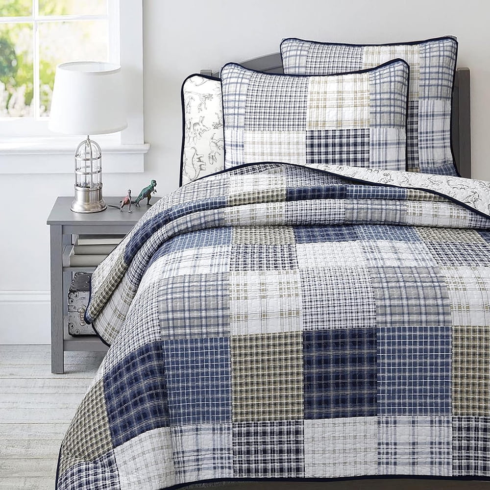 Patchwork Quilt Set, Green Red Navy White Cotton Reversible Coverlet