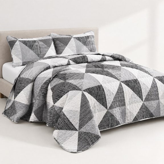 Patchwork Quilt Set King Gray Geometric Bedspread 3 Pieces